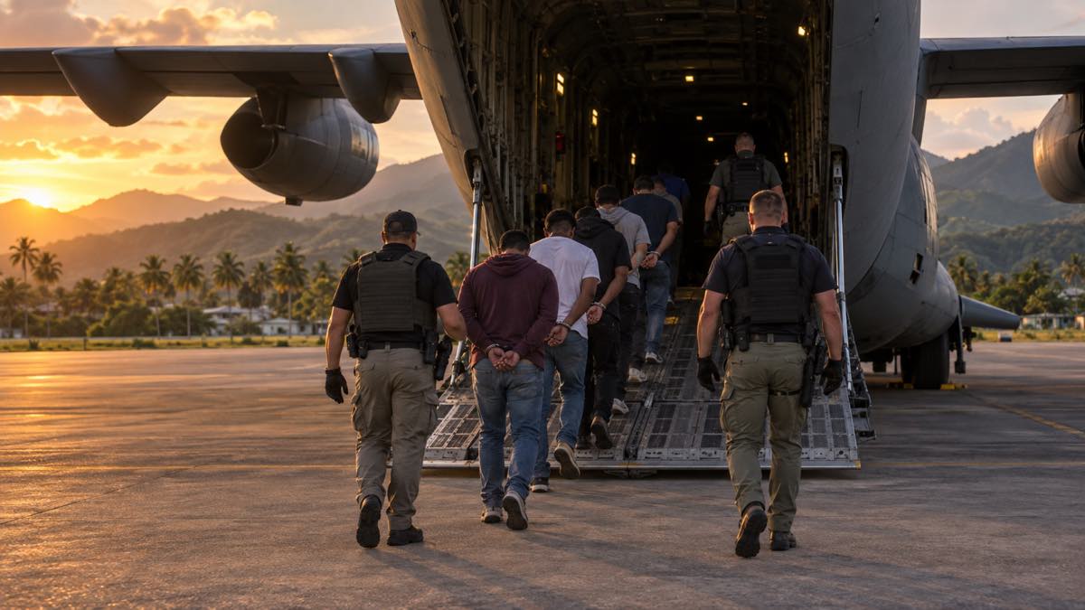 Haití entregó a Estados Unidos a 17 exmilitares colombianos por el asesinato de Jovenel Moïse: cinco años presos sin juicio 1 Hombres esposados suben de espaldas a un avión de carga en una pista caribeña al atardecer