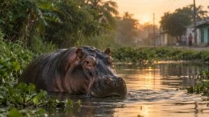 Hipopótamo sale de un caño junto a un barrio mientras dos vecinos observan a distancia