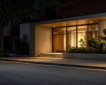 Entrada iluminada de un edificio urbano colombiano durante la noche