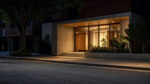 Entrada iluminada de un edificio urbano colombiano durante la noche