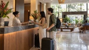 una recepcionista atiende a una pareja de viajeros en el lobby de un hotel.