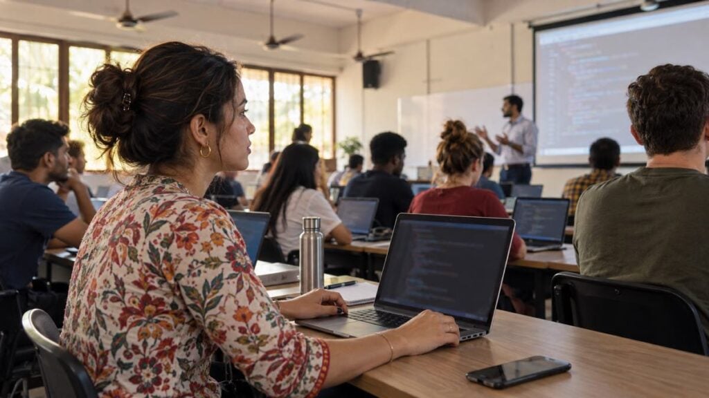 Profesional colombiana en un aula de cómputo en la India junto a otros participantes y un instructor.