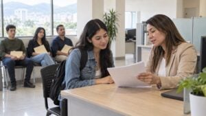 Estudiante con morral consulta a una asesora mientras otras personas esperan en una oficina de atención