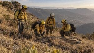 Bomberos forestales revisan una ladera andina seca junto a una manguera enrollada.