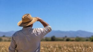 Agricultor con sombrero, de espaldas, mira el cielo despejado sobre un campo seco con montañas al fondo.
