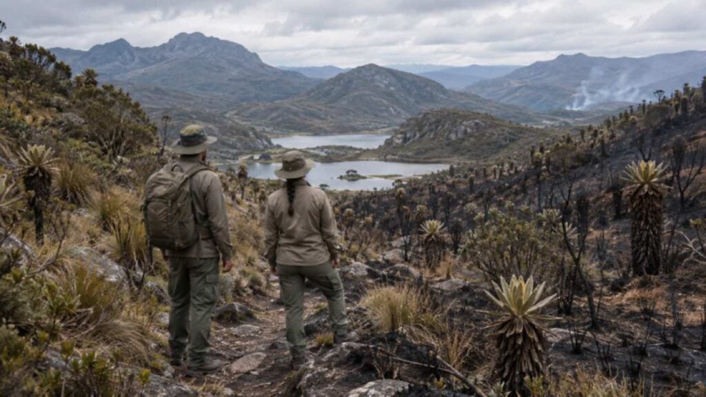 Guardaparques recorren un sendero de montaña con vegetación quemada tras un incendio forestal.