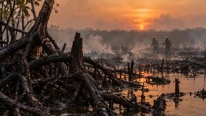 Raíces de mangle carbonizadas y humo en una ciénaga mientras dos bomberos llevan una manguera