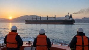 Marinos en una lancha de rescate miran un carguero que echa humo cerca de montañas áridas.