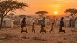 Mujeres y niños caminan con bidones de agua entre refugios de lona en una zona árida al atardecer.