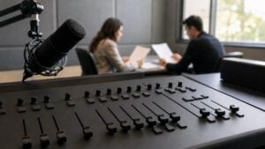 Consola de sonido y micrófono en primer plano en un estudio de radio, con dos personas al fondo