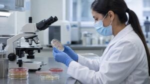 Una bacterióloga revisa cultivos de bacterias en placas de Petri en un laboratorio clínico.