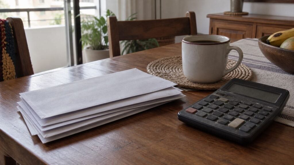 Sobres sin abrir, una calculadora y una taza de café sobre una mesa con luz gris de mañana