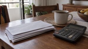 Sobres sin abrir, una calculadora y una taza de café sobre una mesa con luz gris de mañana