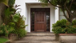 Puerta de entrada de una vivienda colombiana vista desde afuera, con plantas y luz natural de día