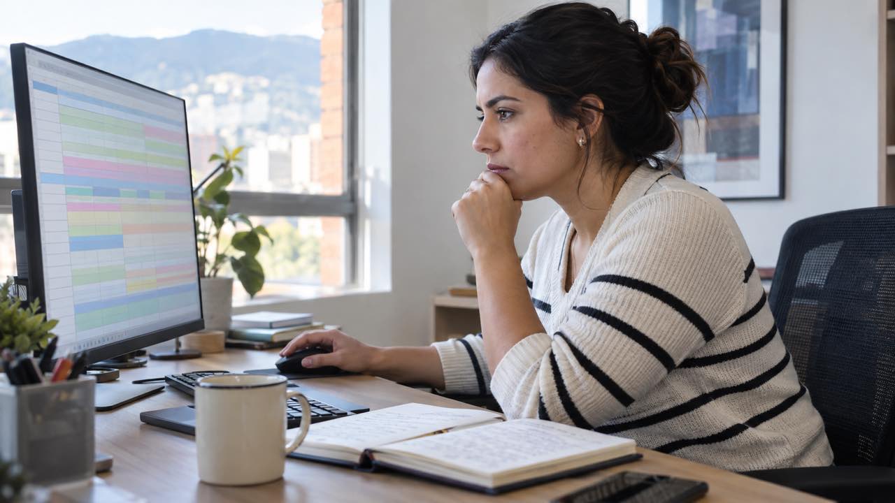 Profesional revisa una base de datos de clientes en la pantalla de un computador