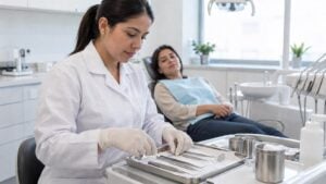 una odontóloga prepara instrumentos junto al sillón mientras un paciente espera en el consultorio.