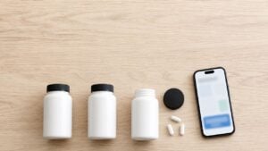Envases genéricos de suplementos junto a un celular con una consulta de registro sanitario.