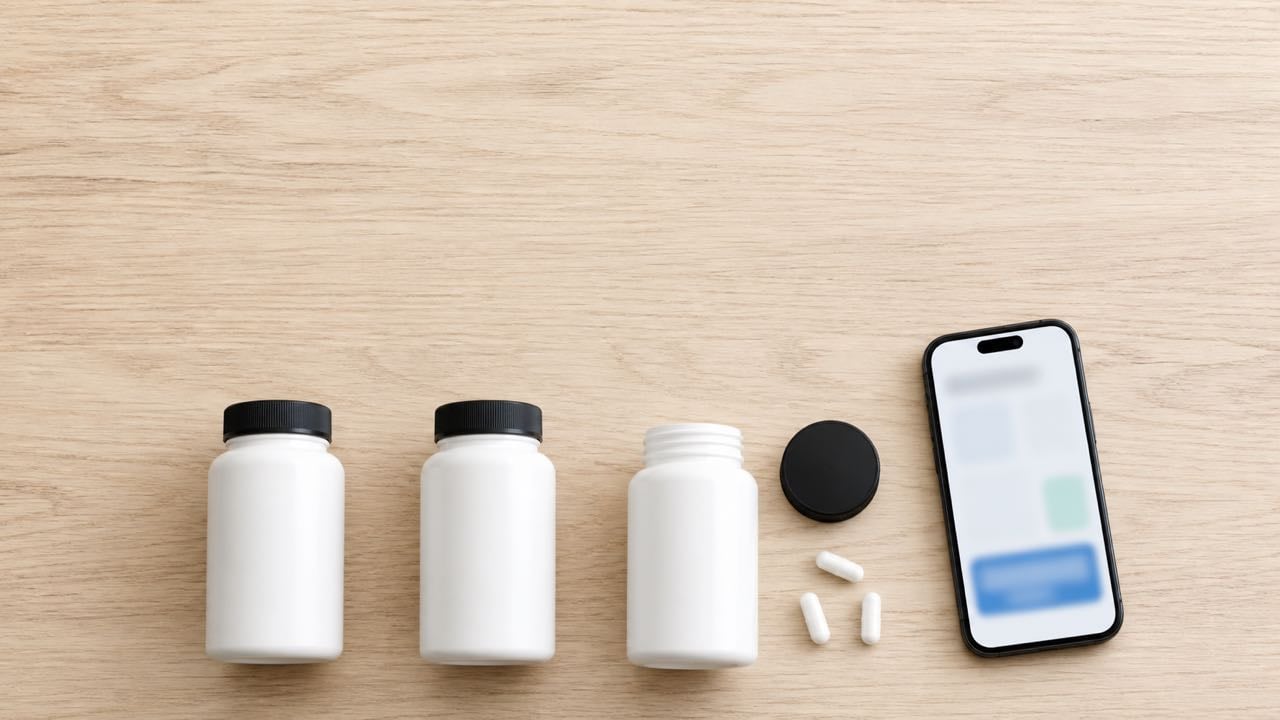El Invima publicó nueve listas de suplementos fraudulentos en julio: los consumidores deben suspender de inmediato su uso 1 Envases genéricos de suplementos junto a un celular con una consulta de registro sanitario.