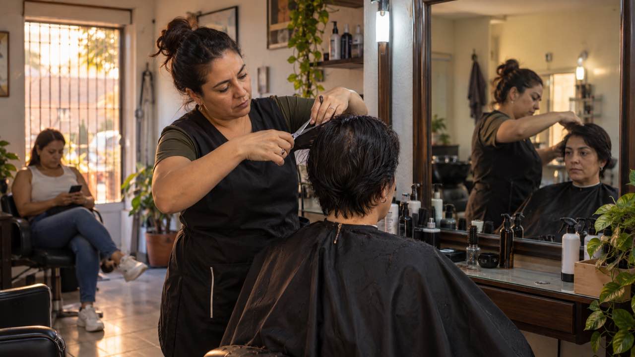 El DANE situó en 6,12 % la inflación sin alimentos ni regulados de agosto: los hogares pagaban 4,82 % hace un año 1 Peluquera corta el cabello a un cliente mientras otra persona espera al fondo en una peluquería de barrio.