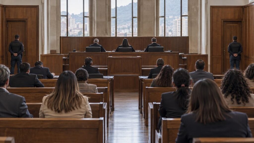 Magistrados de espaldas, víctimas, abogados y escoltas durante una audiencia en una sala de justicia