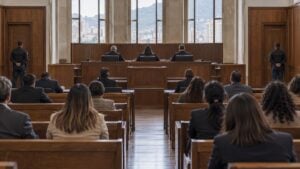 Magistrados de espaldas, víctimas, abogados y escoltas durante una audiencia en una sala de justicia