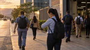 trabajadores salen de sus empleos al final de la tarde en una calle de una ciudad colombiana.