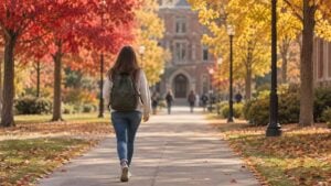 Estudiante con morral camina por un campus universitario entre árboles con hojas de otoño.