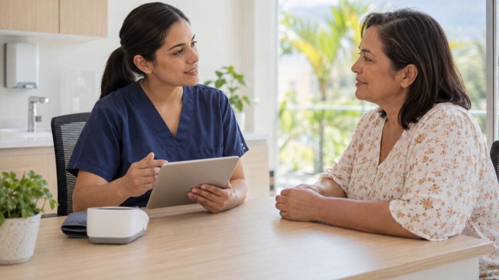 Una enfermera conversa con una paciente en un consultorio junto a un pequeño dispositivo médico portátil.