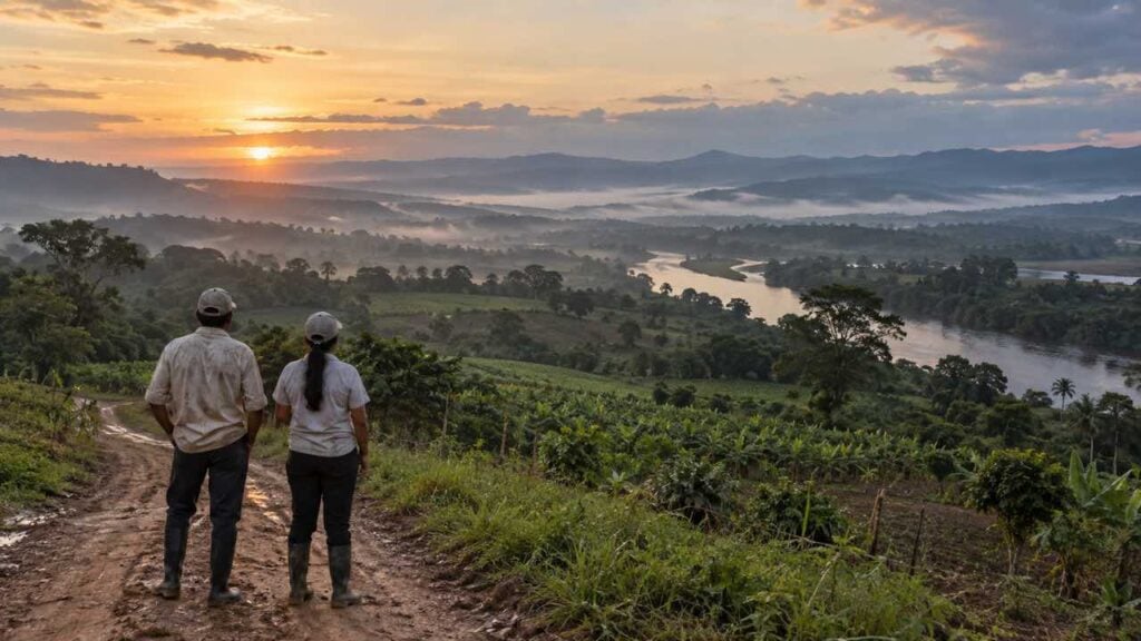 Dos campesinos de espaldas observan el cielo junto a cultivos, selva y un río al amanecer.
