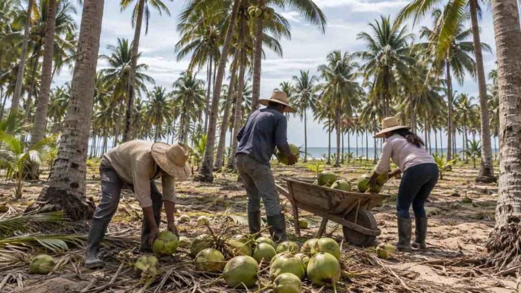 Trabajadores recogen cocos verdes en una finca costera con palmas sobre suelo arenoso.