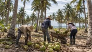 Trabajadores recogen cocos verdes en una finca costera con palmas sobre suelo arenoso.