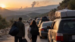 Carros con equipaje y dos adultos salen por una carretera entre colinas humeantes del sur del Líbano.