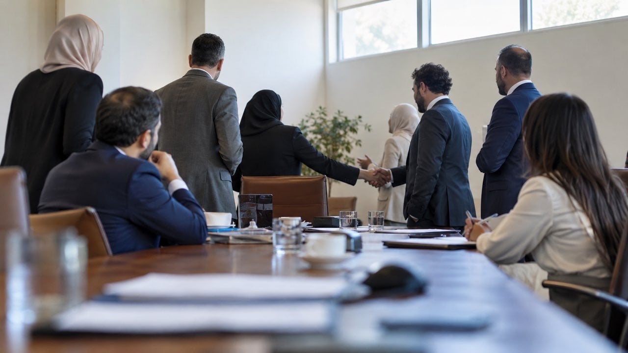 Los rivales de Libia pactaron ante la ONU elecciones en 24 meses: sus habitantes eligieron Parlamento por última vez en 2014 1 Personas reunidas alrededor de una mesa se estrechan la mano en una sala con luz natural.