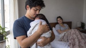 Padre carga a un recién nacido junto a una ventana mientras una mujer descansa al fondo