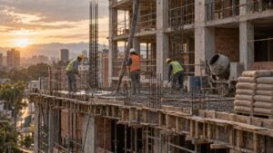 Tres obreros trabajan en la estructura de un edificio de apartamentos en construcción