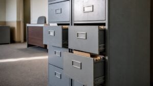 Archivador metálico de una oficina pública con cajones entreabiertos y carpetas bajo luz natural lateral