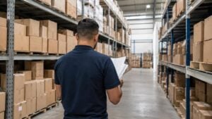 Persona revisa un inventario en papel dentro de una bodega logística con cajas neutras