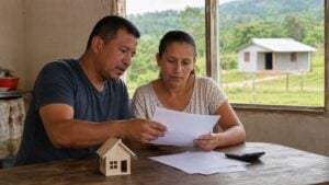 Pareja revisa documentos de vivienda en una mesa con un paisaje rural al fondo