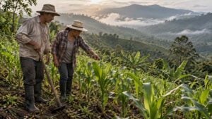 Dos agricultores revisan un cultivo en una finca de ladera con montañas y neblina al fondo.