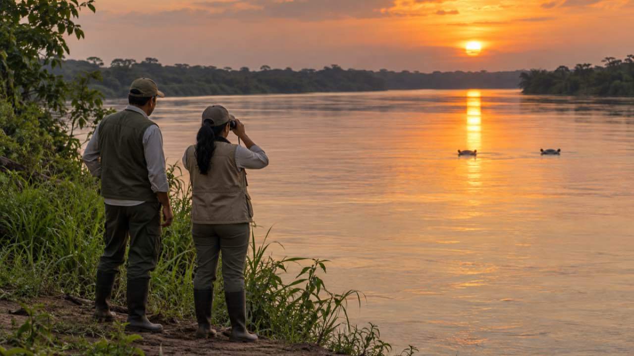 El Ministerio de Ambiente promete una app para reportar hipopótamos: en 2023 y 2024 solo se esterilizaron 20 de más de 200 1 Dos funcionarios ambientales observan hipopótamos en un río del Magdalena Medio.