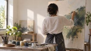 Artista plástica de espaldas frente a un lienzo a medio pintar en un taller iluminado con luz natural