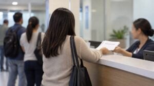 Afiliada entrega documentos en un mostrador de atención mientras otras personas esperan en fila.