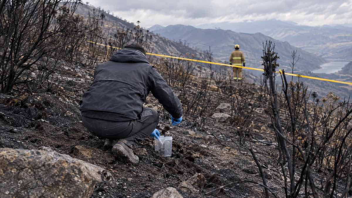 MinJusticia advirtió cárcel a quien provoque incendios como el de Villa de Leyva: hasta 22 años y medio si arde un bosque 1 Investigador recoge muestras entre cenizas y troncos quemados mientras un bombero observa al fondo.