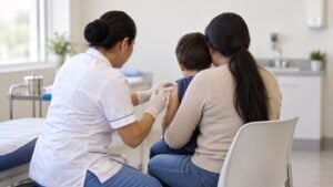 Enfermera aplica una vacuna a un niño acompañado por su madre en un centro de salud