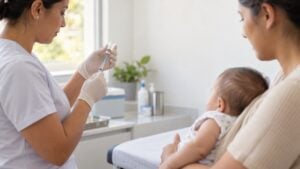 Una enfermera prepara una vacuna junto a una madre que carga a su bebé.