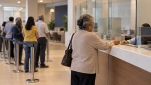 Mujer mayor de perfil en la ventanilla de un banco, con otras personas desenfocadas en la fila.