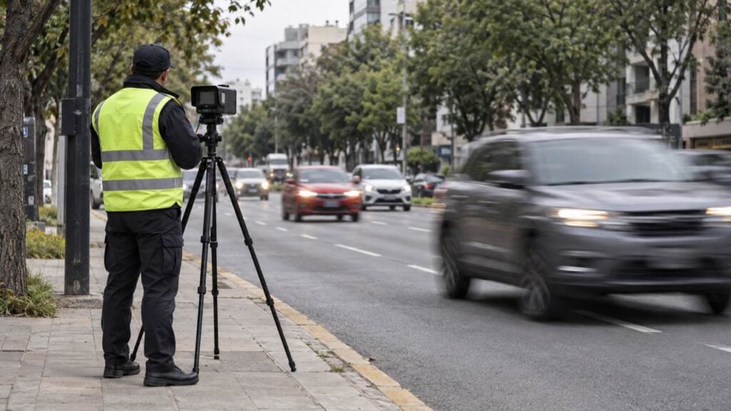 Agente de tránsito junto a un dispositivo de medición mientras circulan vehículos por una avenida