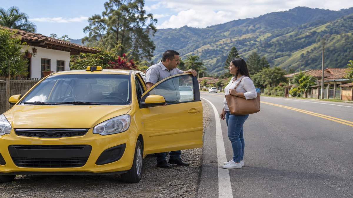 El Ministerio de Transporte mantiene la planilla solo en las zonas del terremoto: allí será gratis y sin límite para los taxistas 1 un taxi amarillo detenido en la vía entre dos municipios mientras el conductor habla con una pasajera.