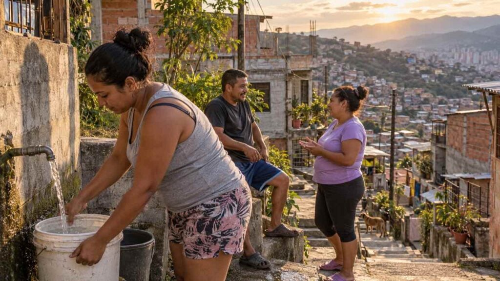 Mujer llena un balde en una llave comunal de un barrio de ladera mientras dos vecinos conversan