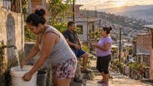 Mujer llena un balde en una llave comunal de un barrio de ladera mientras dos vecinos conversan